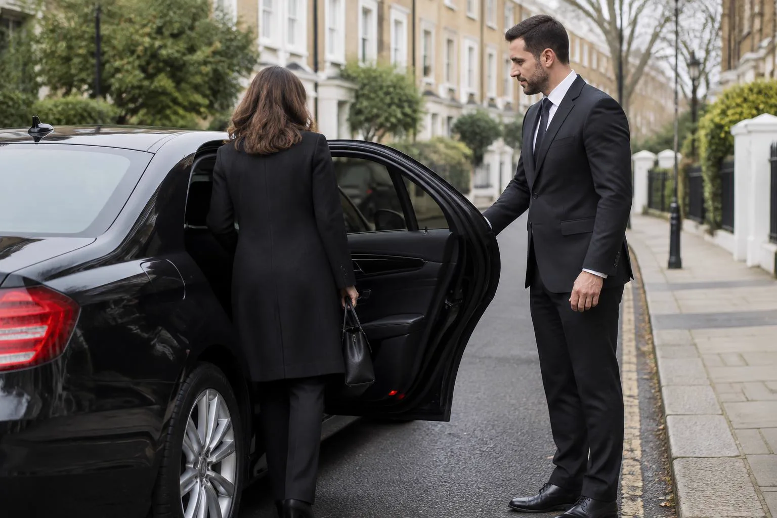 Smartly dressed driver holding a rear passenger door open beside a clean dark saloon car