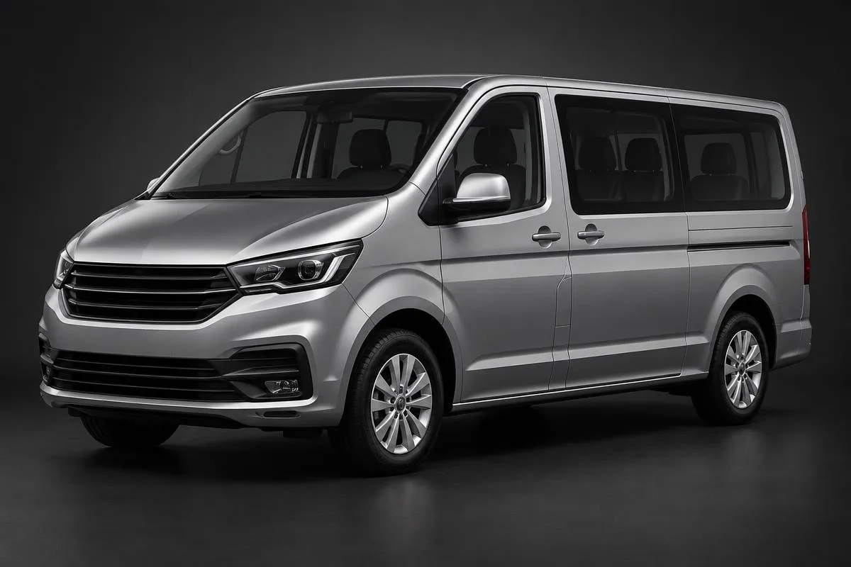 Clean unbranded eight-seat silver minibus photographed against a dark studio background