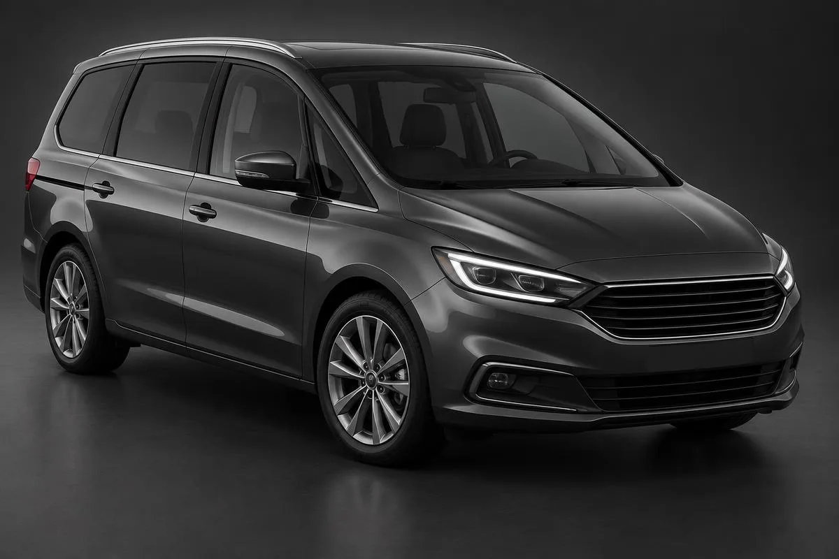 Clean unbranded dark grey six-seat people carrier photographed against a dark studio background