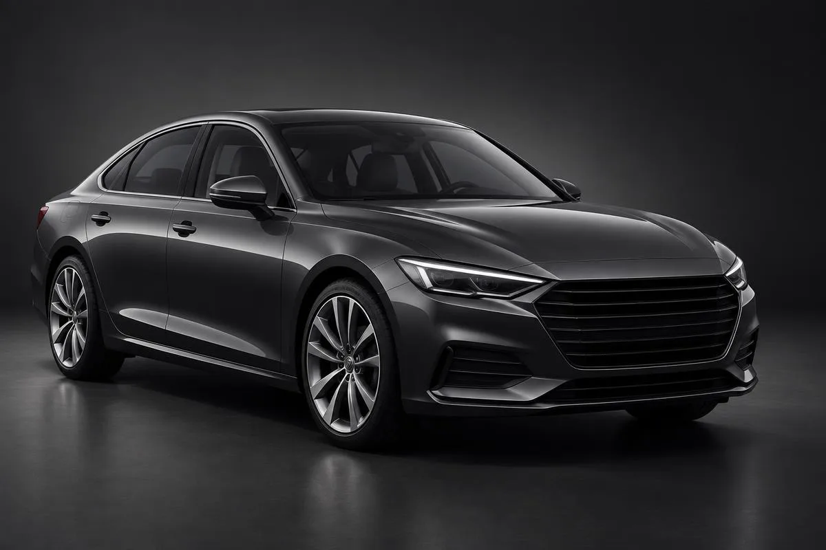 Clean unbranded dark grey saloon car photographed against a dark studio background