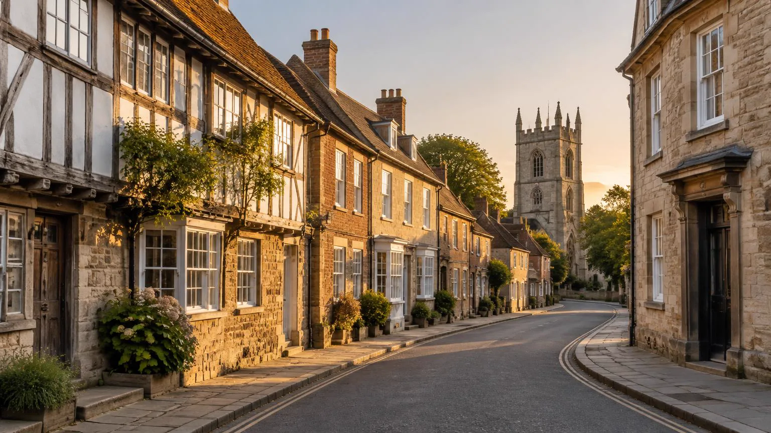 Historic Warwickshire street of stone and timber-framed buildings in evening light