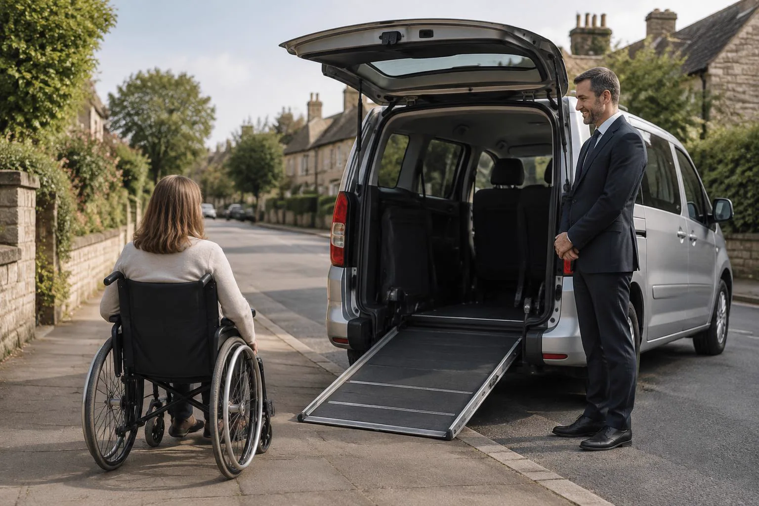 Wheelchair-accessible van with its rear ramp lowered while a driver waits beside it on a quiet street